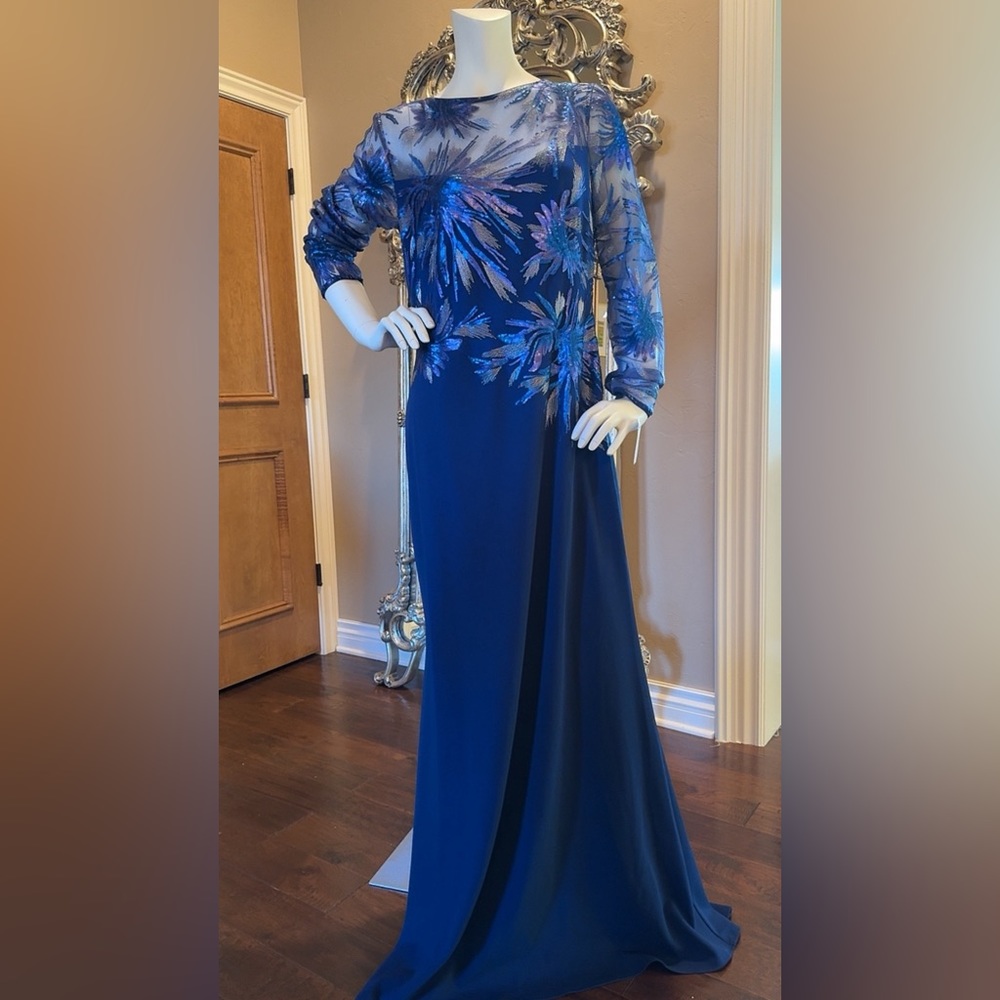 Tadashi Shoji two-tone crepe gown with sequins and floral embroidery